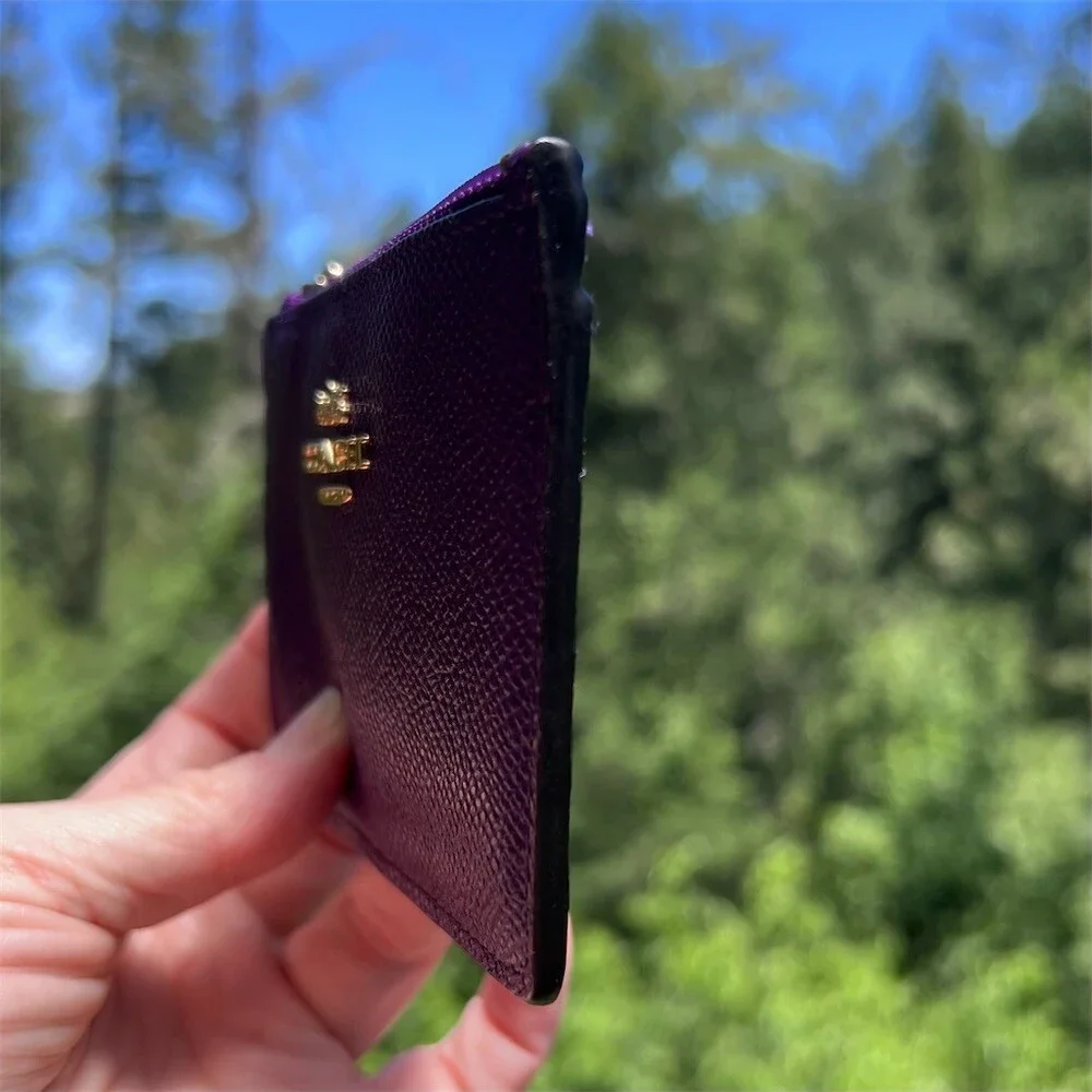 COACH Crossgrain Leather Purple Mini Skinny ID Case Keychain Wallet Gold Hardwre